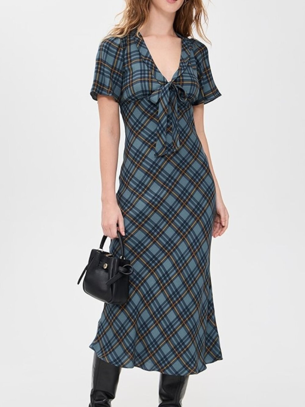 NWT Reformation Tyra Dress in Slate Plaid Midi Short Sleeves Size 0